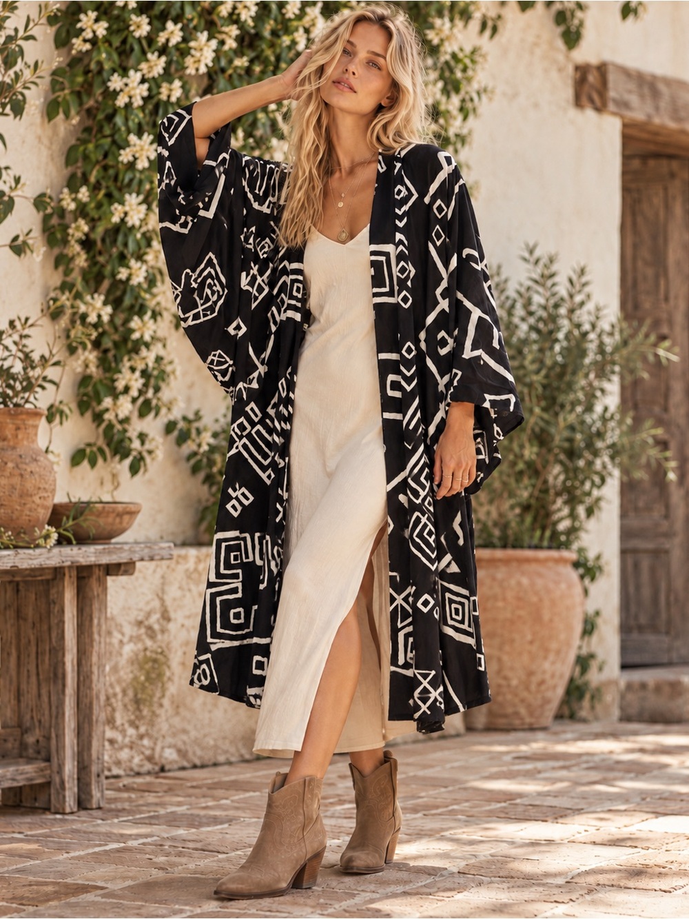 Anthropologie Black White Geometric Boho Western Kimono Duster One Size